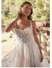 Ivory 3D Floral Lace Tulle Slit Glitter Wedding Dress